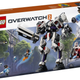 Lego figures based on Overwatch characters circle around an Overwatch 2 Titan mech.